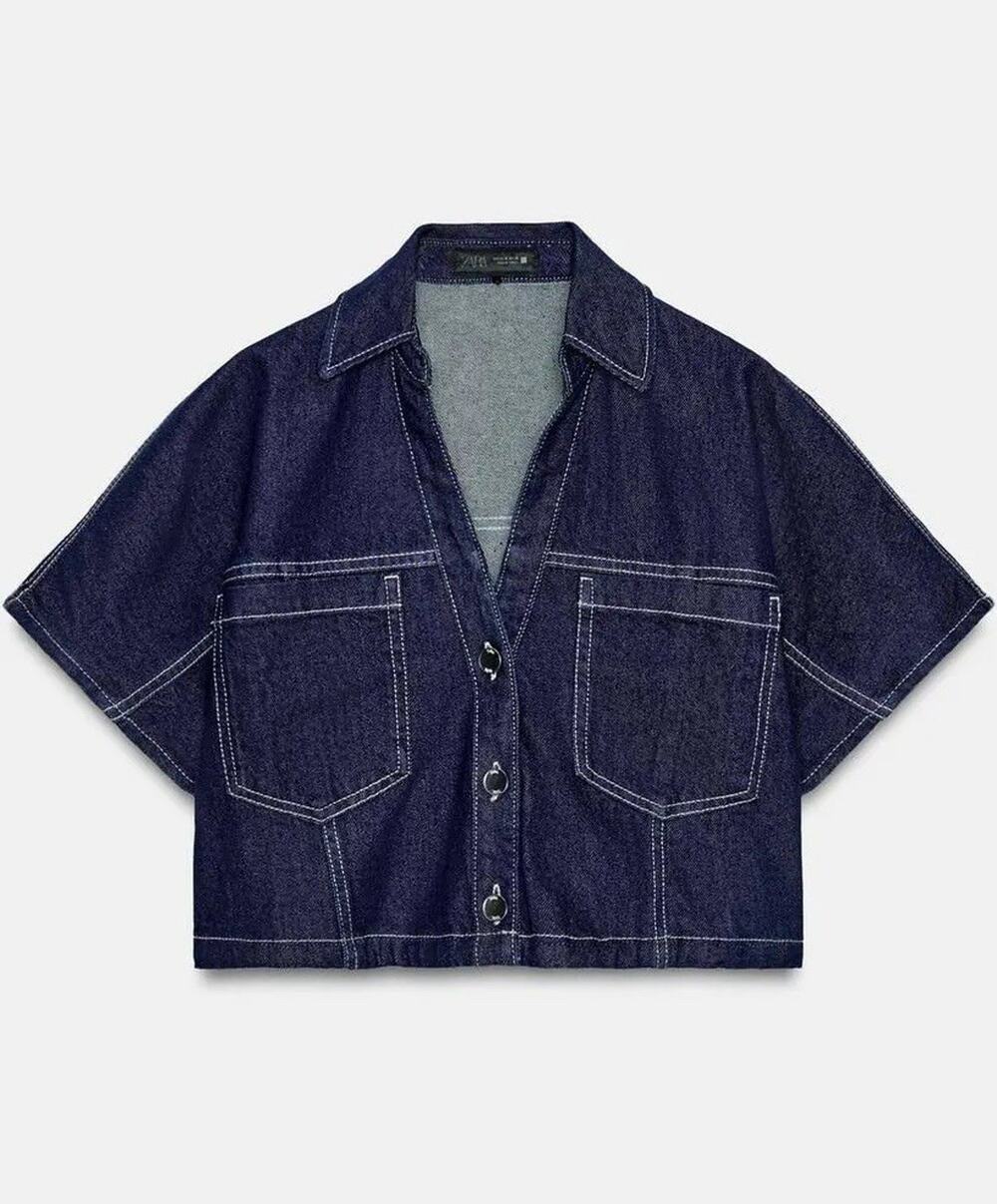 NWT Zara Z1975 Cropped Denim Top M Dark Wash Blue